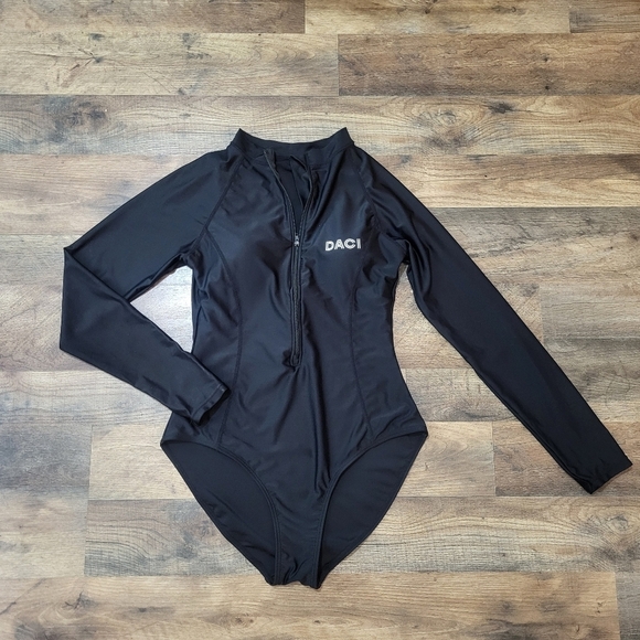 Daci Black Longsleeve Rash Guard Zip-Up Swimsuit Size XS - Picture 3 of 9
